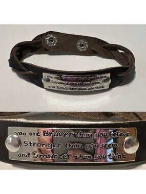 Stainless Steel Inspirational Word Connector Plate Brown Leather Snap Bracelet